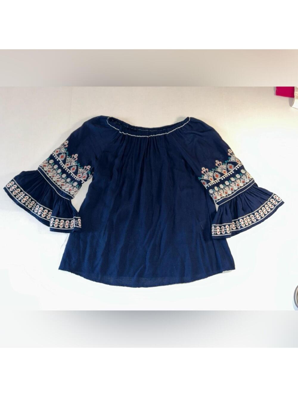 Max Studio Women's Size S Blouse Top Dark Blue Boho Embroidered Flare Sleeve